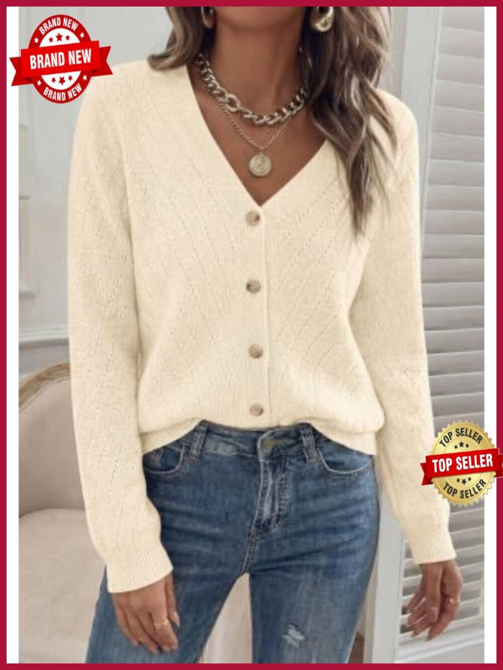 Women's Knit Cardigan V-Neck Long Sleeve Button Up Open Front Elastic-Blend - Picture 3 of 6